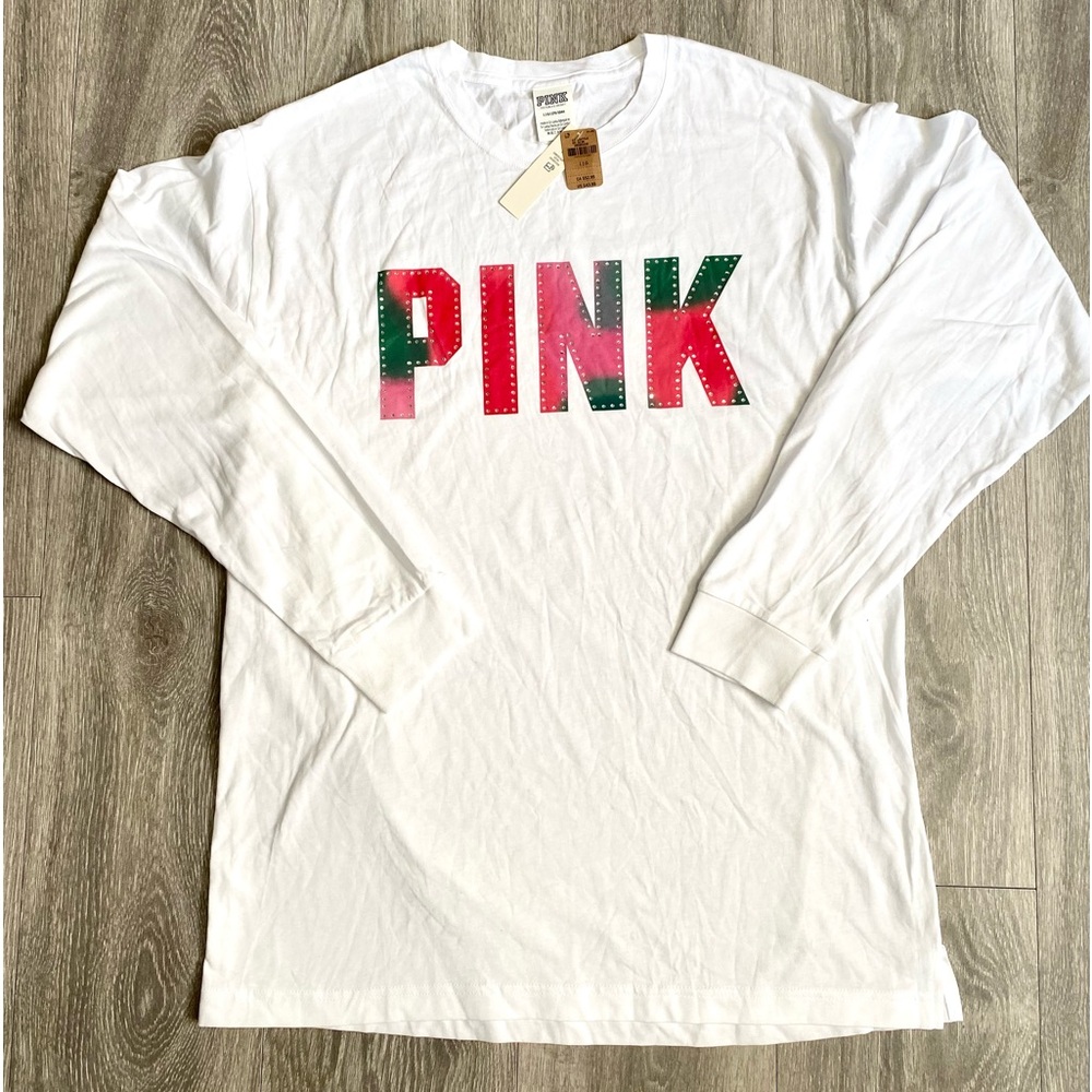 💕NWT VS PINK WHITE CAMPUS BLING TEE AND FLEECE BAGGY JOGGERS / 2 PIECE SET PINK - Picture 3 of 15